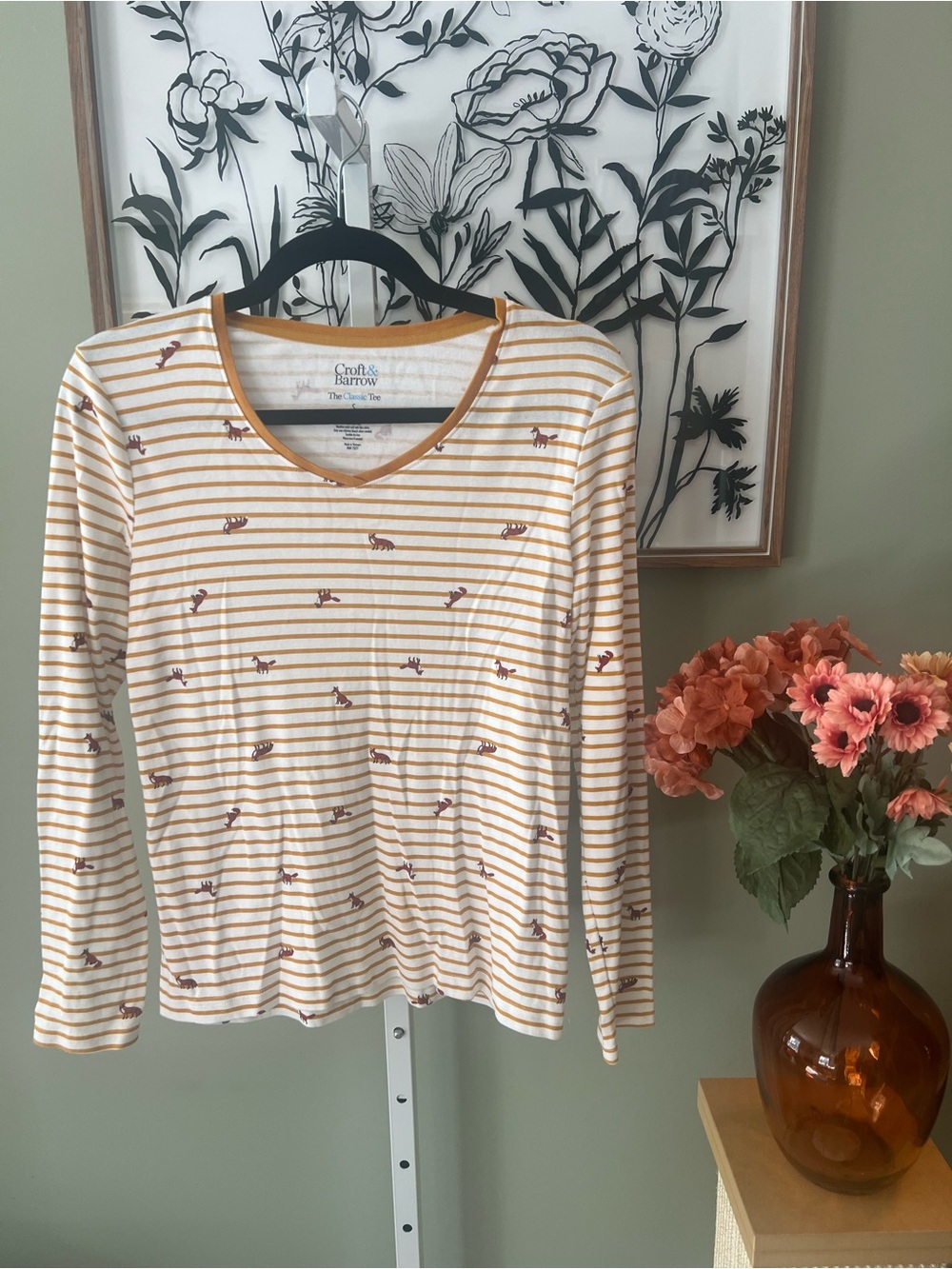 Croft & Barrow Mustard Yellow White Stripped Fox Print Long Sleeve Cotton Top S